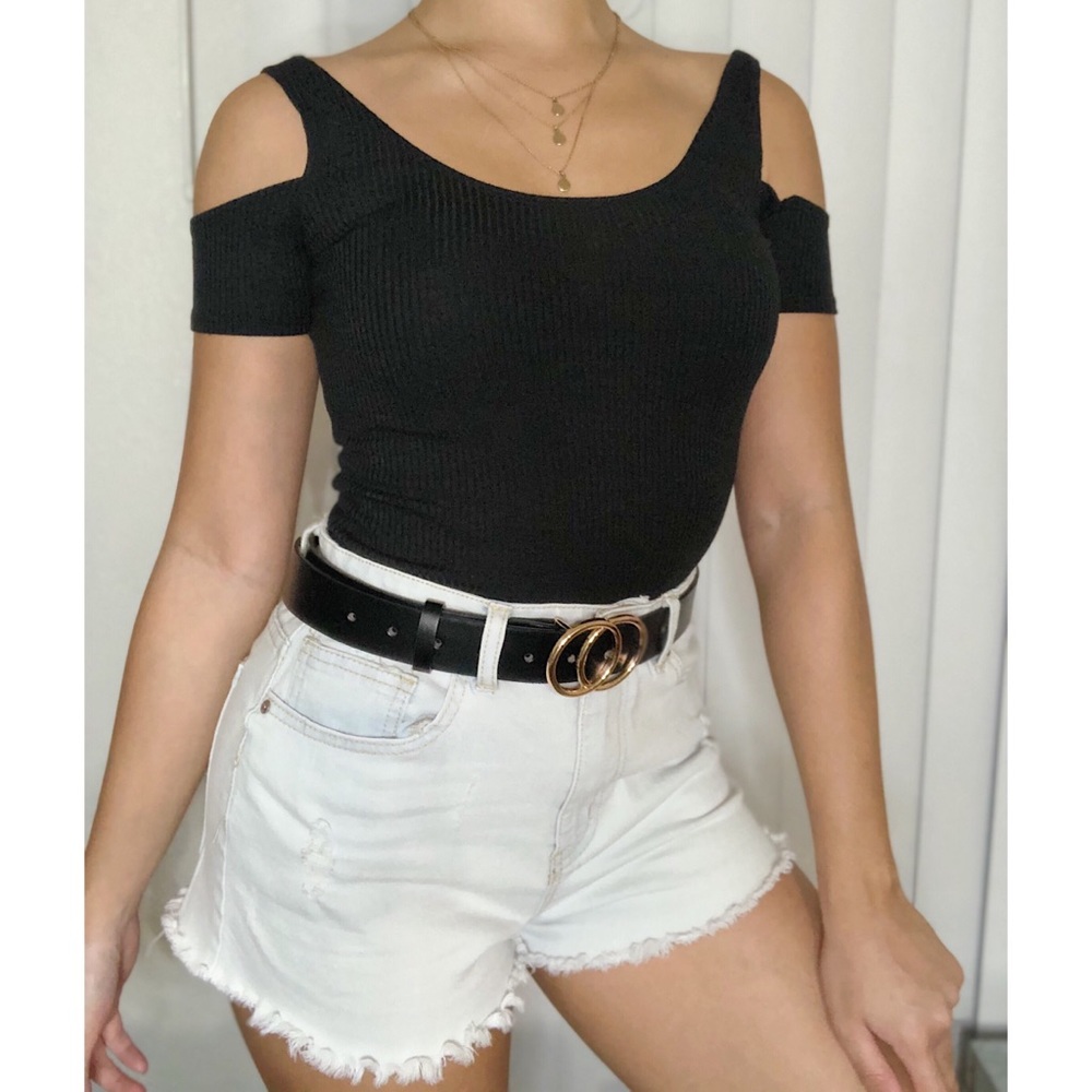 Black Ribbed Top with Sleeve Cutouts